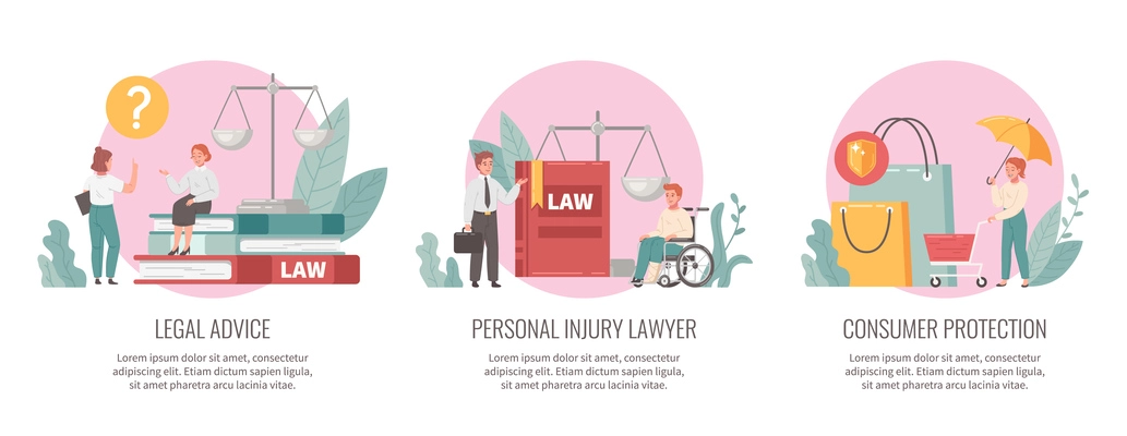 Lawyer cartoon compositions set with legal services symbols isolated vector illustration