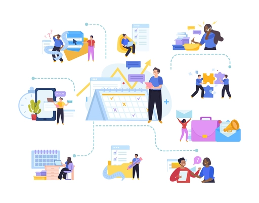 Time management flat infographics with multitasking office employees working online with electronic documentation and correspondence vector illustration