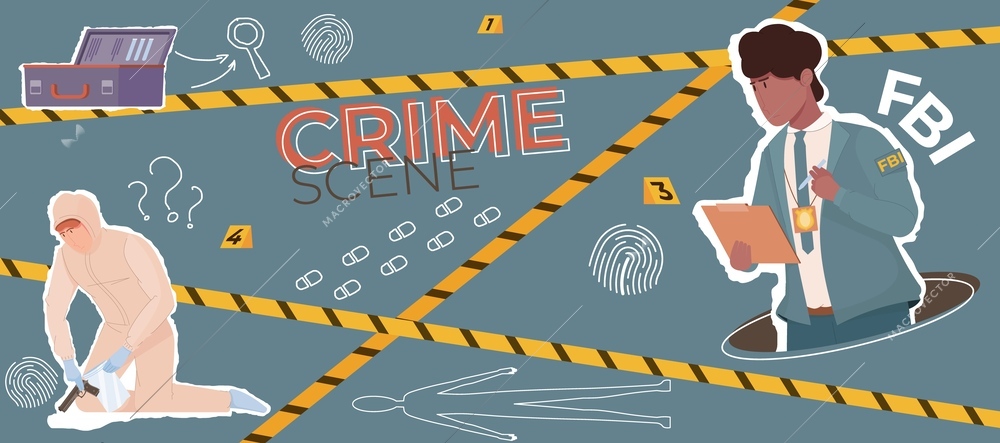 Crime scene criminal composition with collage of flat icons proof and fingerprint silhouettes with human characters vector illustration