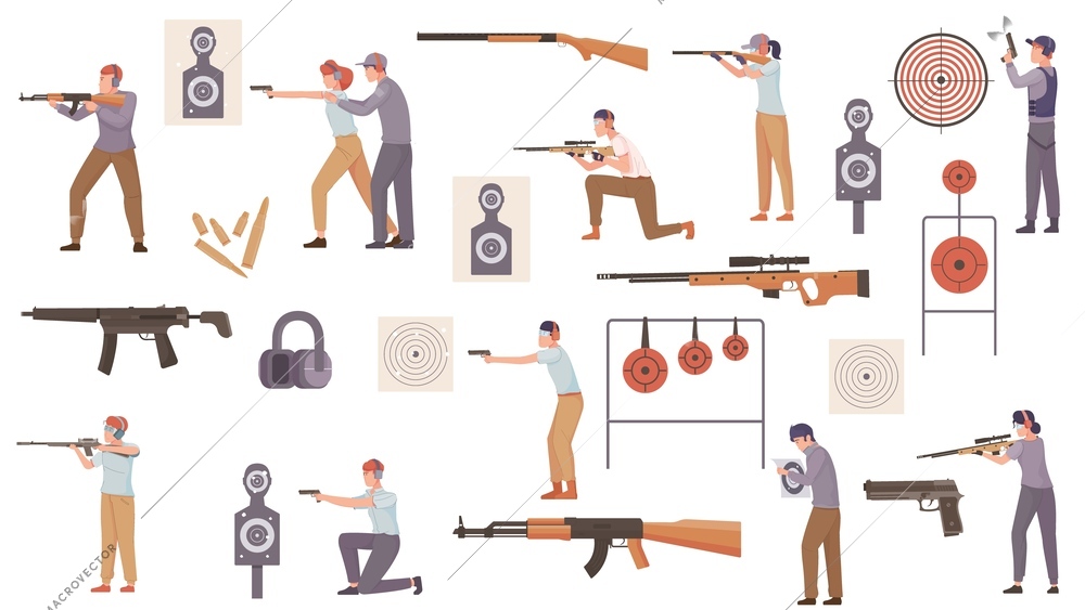 Shooting range set of flat isolated icons targets and human characters holding various guns and pistols vector illustration