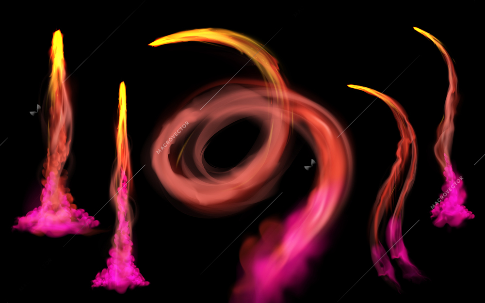 Realistic rocket trail set of black background and isolated neon colored shapes and trails of smoke vector illustration