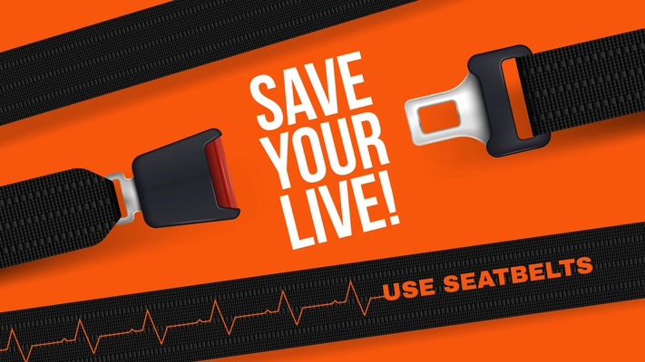 Realistic safety car horizontal poster with editable text and heartbeat cardiogram on top of automobile seatbelt vector illustration