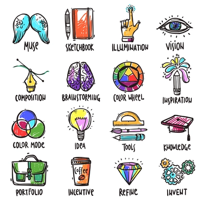 Creative process hand drawn icons set with brainstorming correction portfolio isolated vector illustration