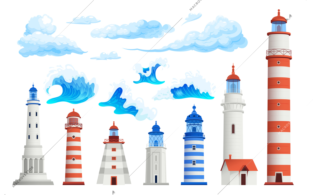 Lighthouse set with isolated icons of clouds waves and tower buildings of various age and style vector illustration