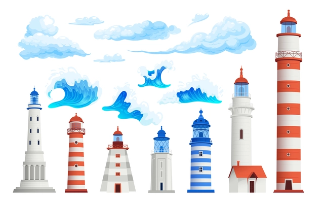 Lighthouse set with isolated icons of clouds waves and tower buildings of various age and style vector illustration