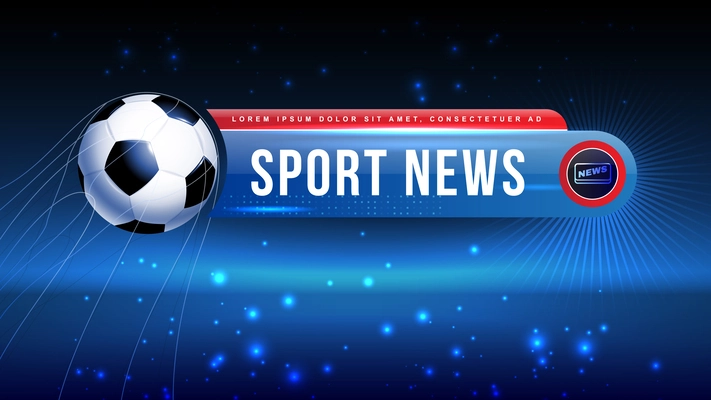 Tv title breaking news composition with soccer ball logo editable text and background with glowing particles vector illustration