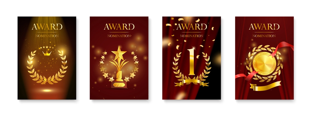 Award poster set with four isolated vertical compositions with ornate text curtains background and trophy images vector illustration