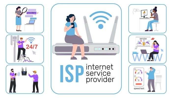 Internet installation provider flat infographic composition with icons of tech support connection speed and user characters vector illustration