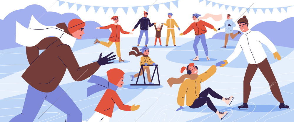 Ice skating background with outdoor activity symbols flat vector illustration