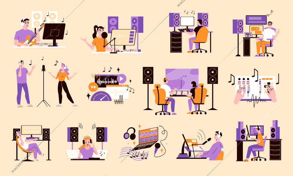 Sound designers color set with sound effects symbols flat isolated vector illustration