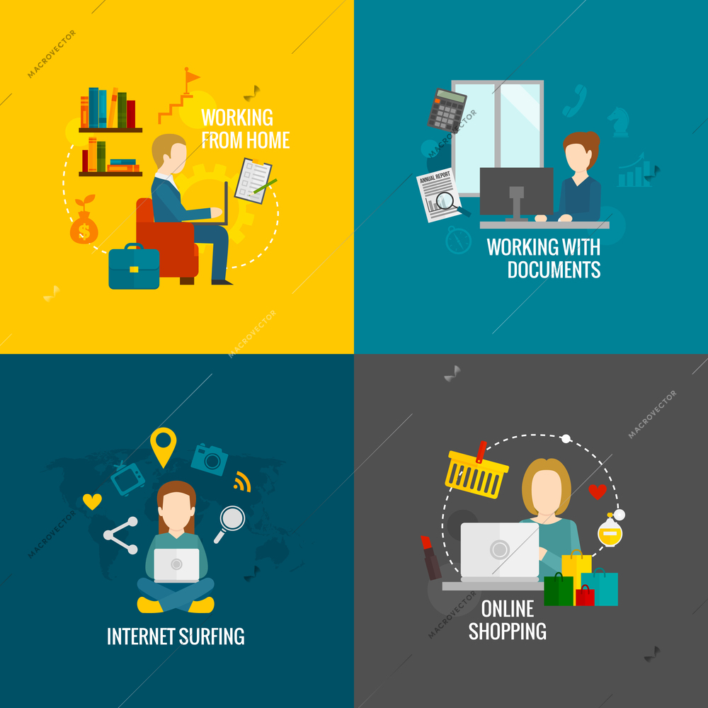 People on computer design concept set working internet surfing online shopping flat icons isolated vector illustration
