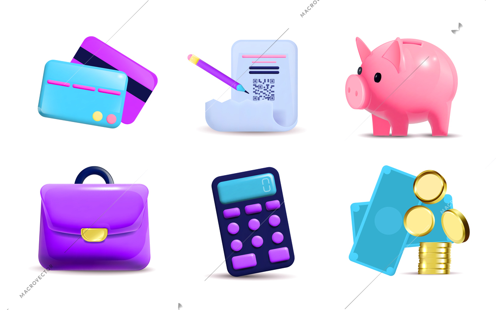 Financial realistic color set with money and budget symbols isolated vector illustration