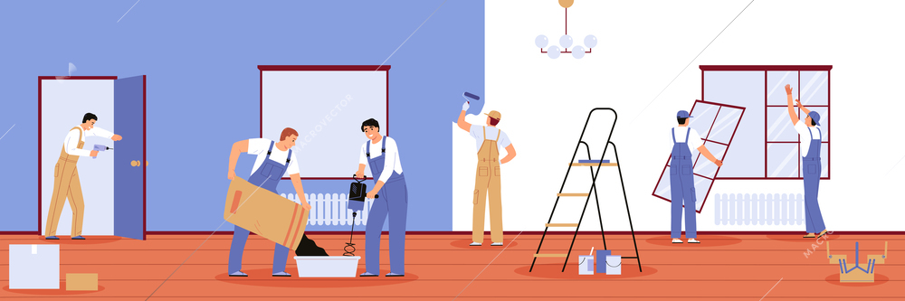 Home renovation composition with indoor scenery and characters of handymen crew with tools ladders and window vector illustration