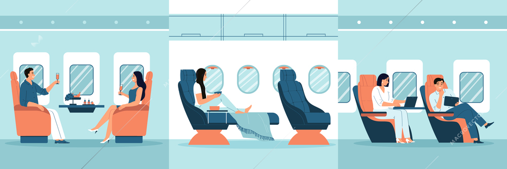 Airplane interior flat concept set with passengers in first and economic class vector illustration