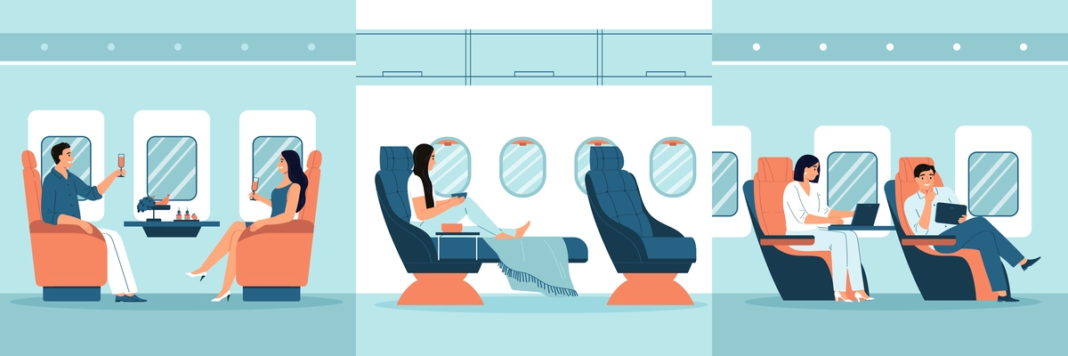 Airplane interior flat concept set with passengers in first and economic class vector illustration