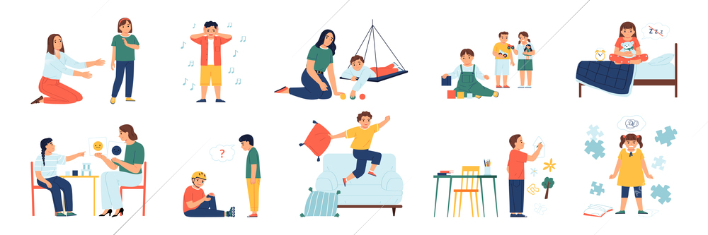 Autism set with isolated compositions of icons and characters of unmanageable children having different socializing problems vector illustration