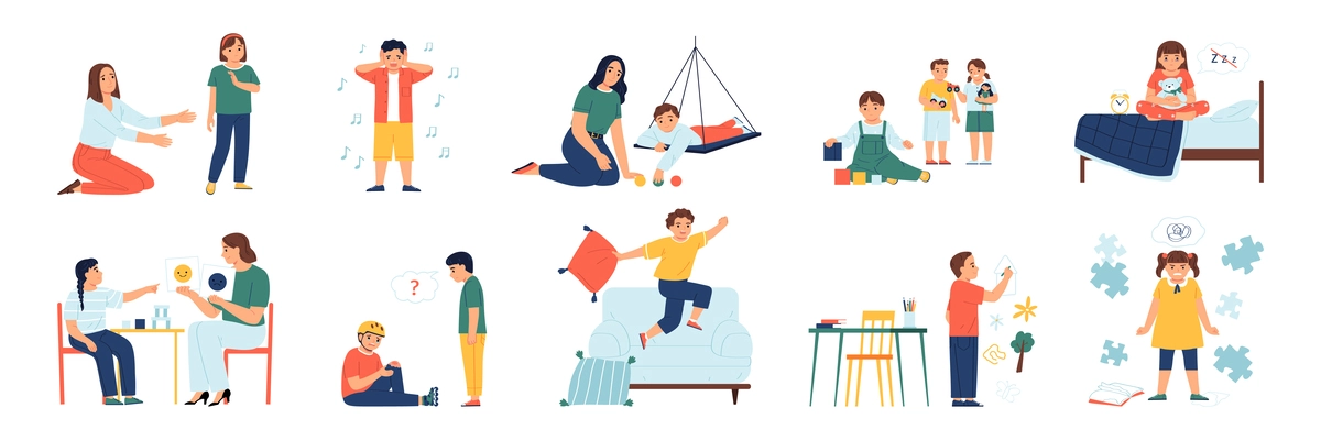 Autism set with isolated compositions of icons and characters of unmanageable children having different socializing problems vector illustration