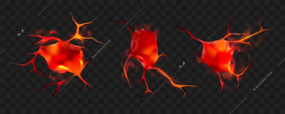 Realistic ground cracks set with three isolated images of cracked terrain holes with volcanic lava inside vector illustration