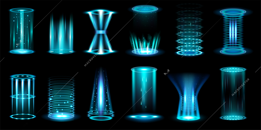 Realistic teleportation portals set with isolated images of cylinder shaped spots with shining particles and trails vector illustration