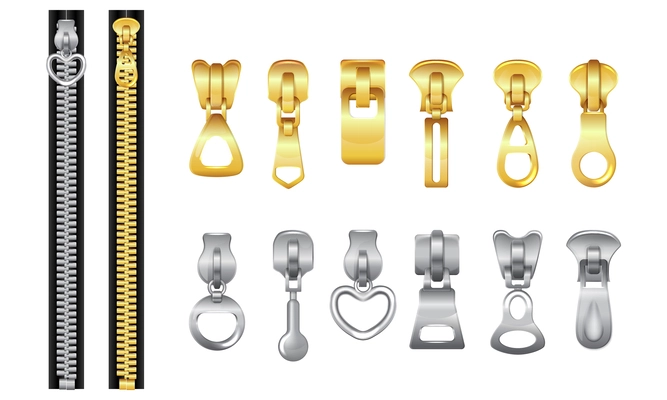Set with realistic icons of fasteners clasps with silver and gold color isolated on blank background vector illustration
