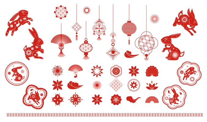 Chinese new year red decorating elements traditional festive lanterns and animals flat isolated vector illustration