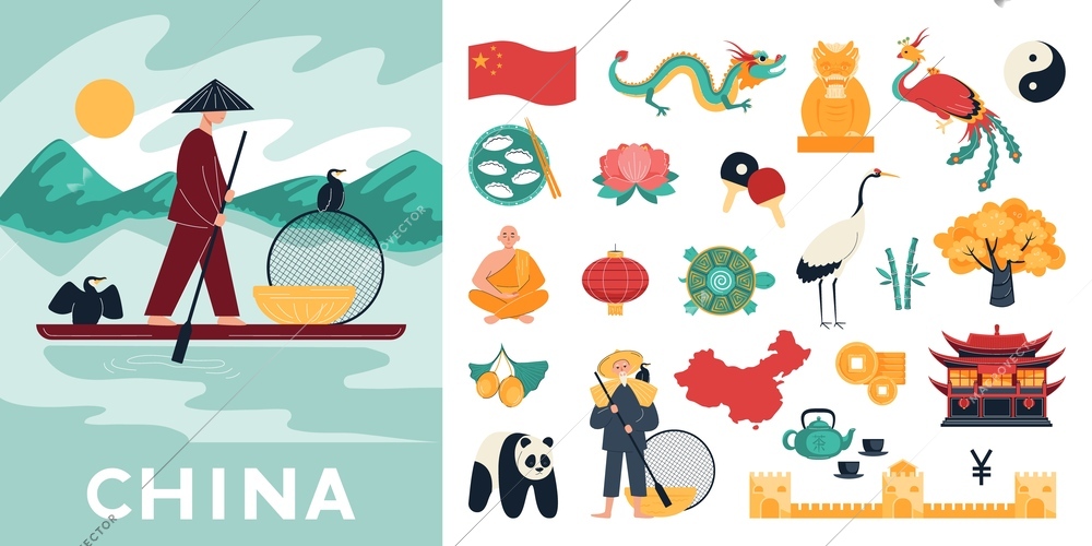 China symbol composition with landscape view of chinese river with boat and isolated icons of stereotypes vector illustration