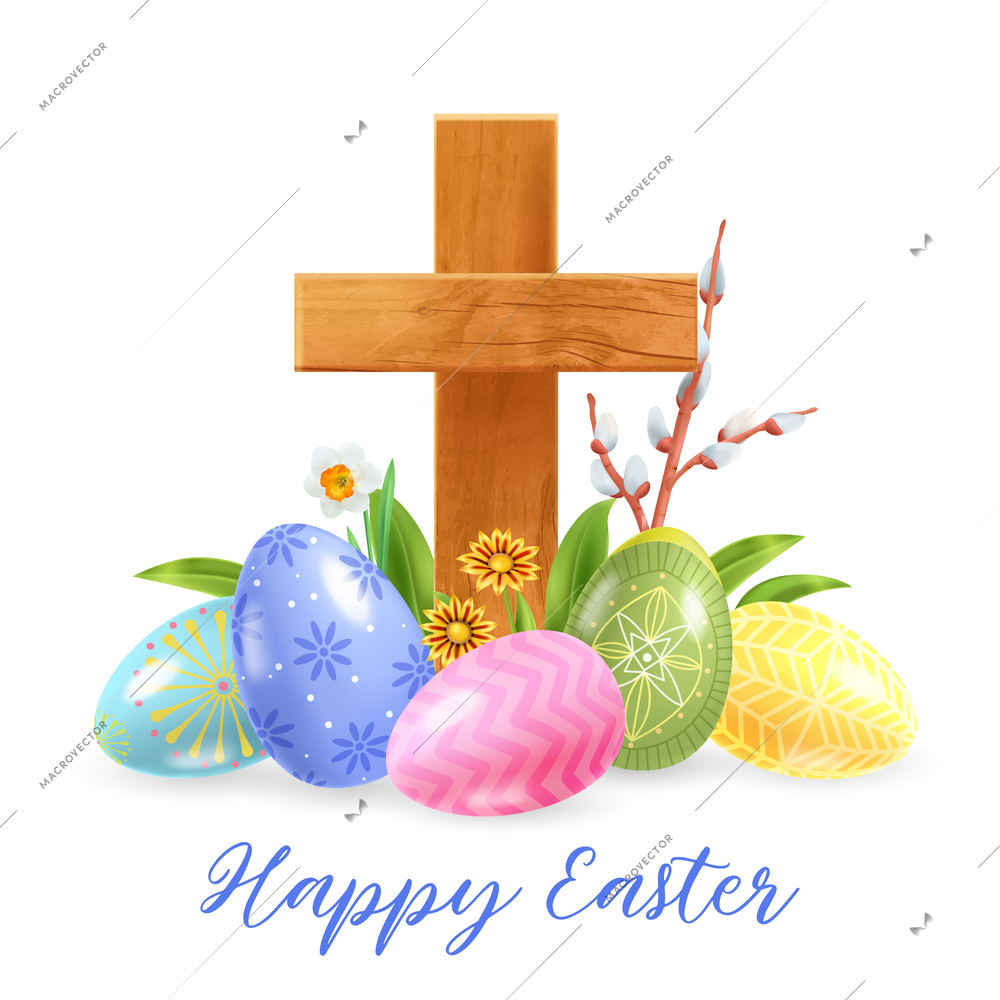Realistic easter christian cross composition with ornate text and colored eggs with flowers near wooden cross vector illustration