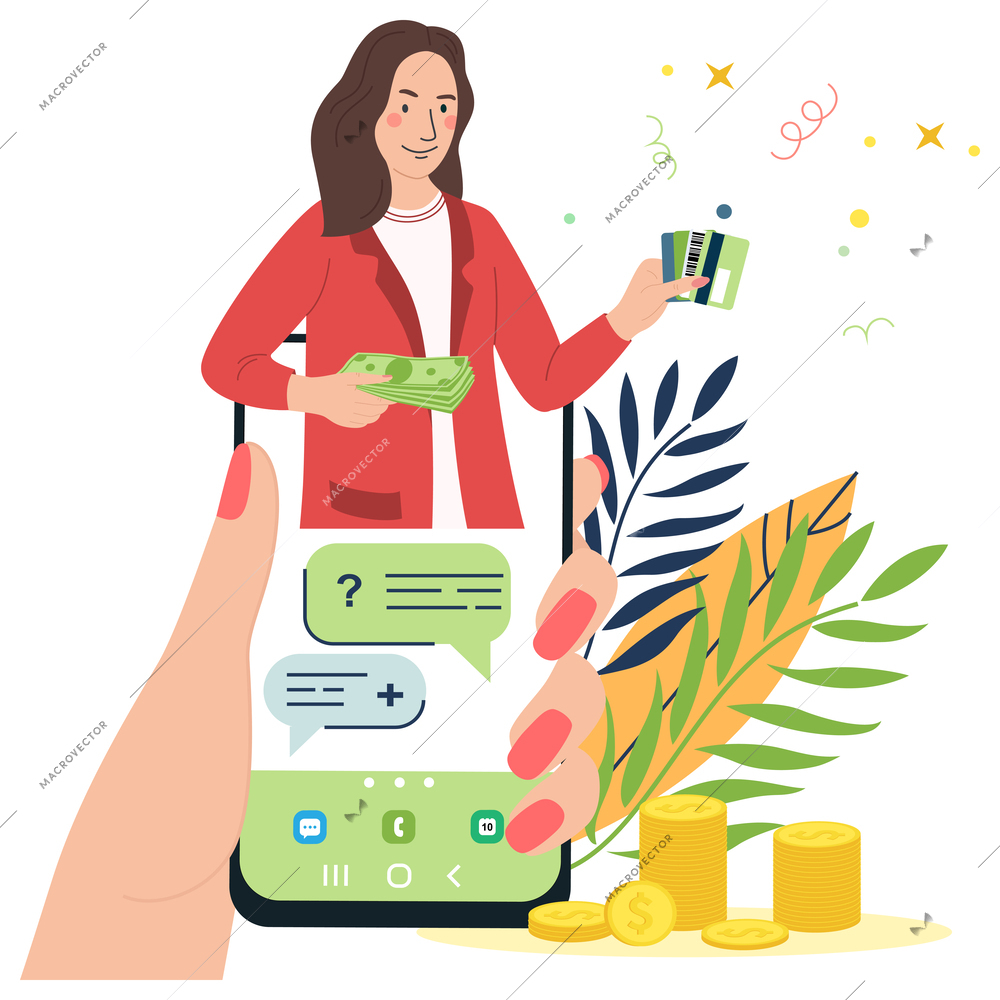 Hands with money flat composition with blank background and female character holding cash cards in smartphone vector illustration