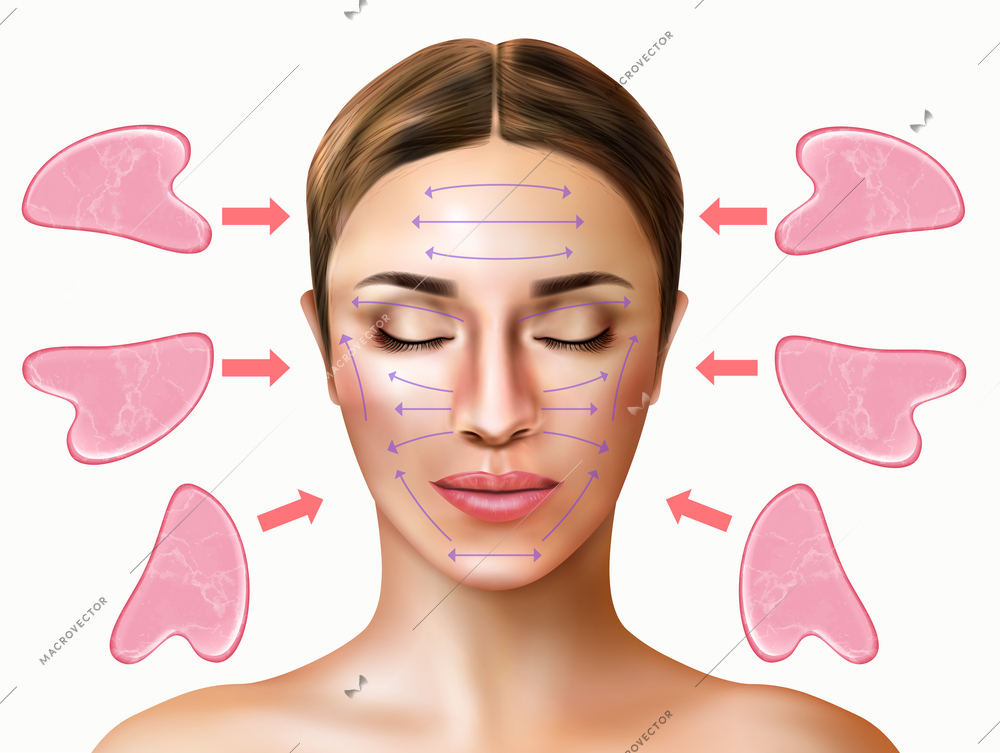 Gua sha massage composition with jade stone and realistic woman face vector illustration