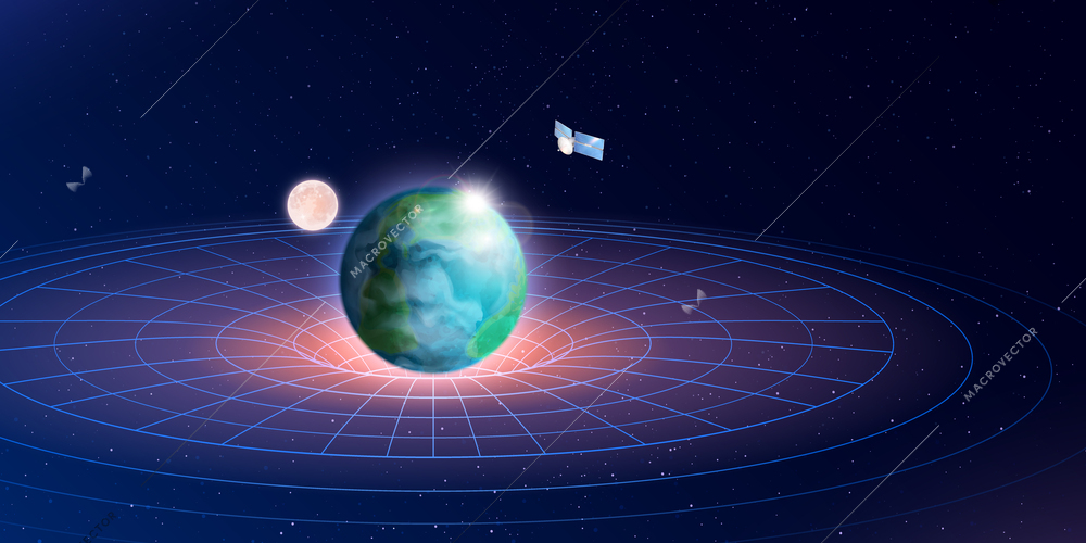 3d shapes composition with set of stars planets and radial grid showing gravity dynamics of earth vector illustration