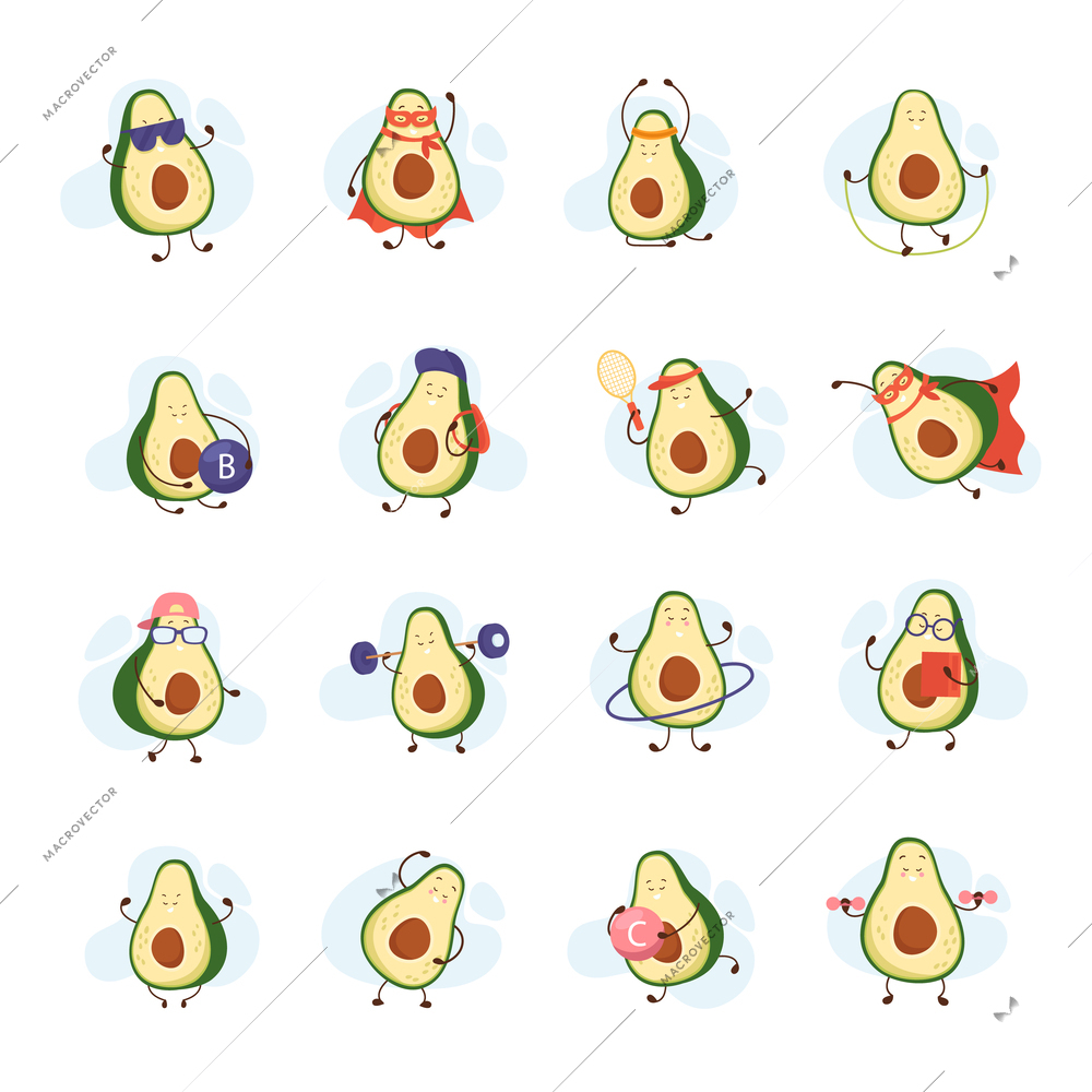 Cartoon avocado flat set of isolated icons with doodle style characters of fruit in different poses vector illustration