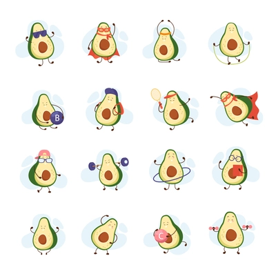 Cartoon avocado flat set of isolated icons with doodle style characters of fruit in different poses vector illustration