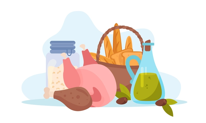 Macronutrients flat composition with blank background and bunch of raw products meat bread and oil jar vector illustration