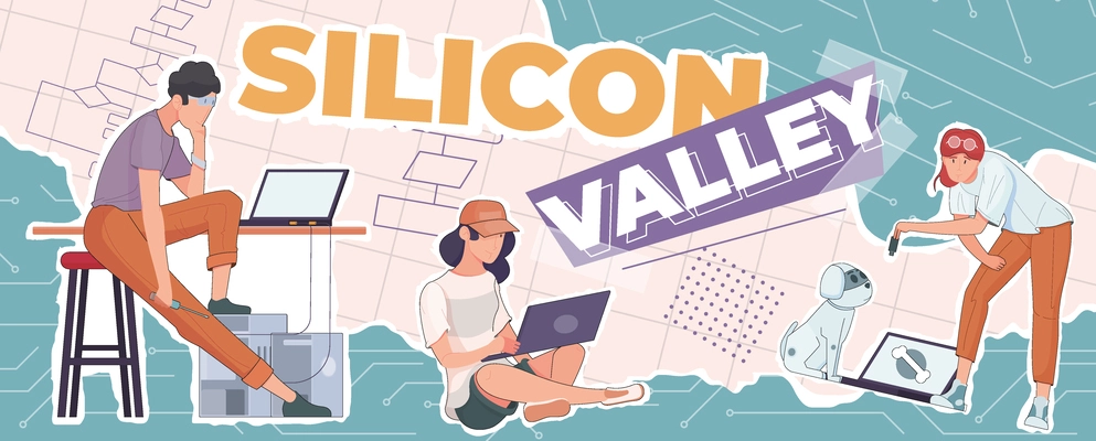 Silicon valley flat composition with collage of flat text dog robot and human characters using gadgets vector illustration