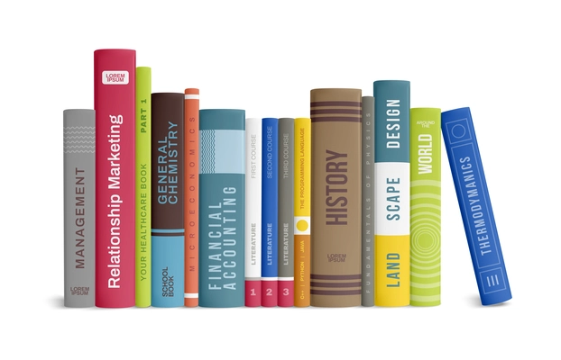 Realistic book row composition with isolated front view of colorful books back bones with editable text vector illustration