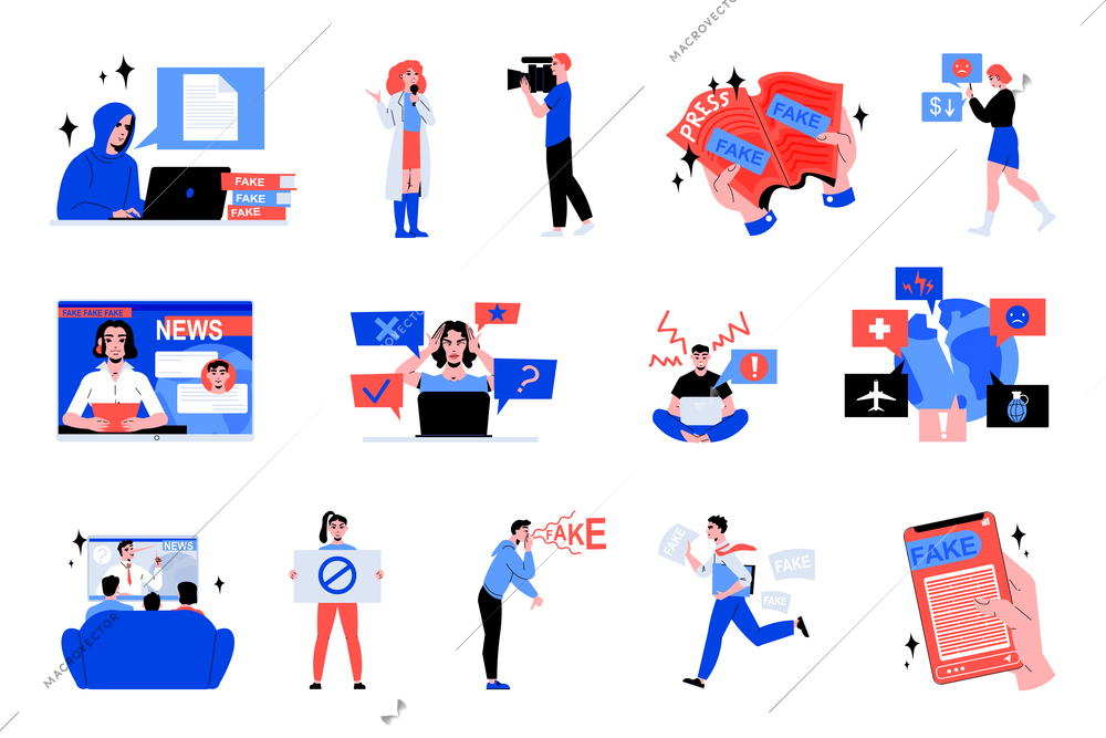 Fake news color set with isolated compositions of icons human characters broadcast signs on blank background vector illustration