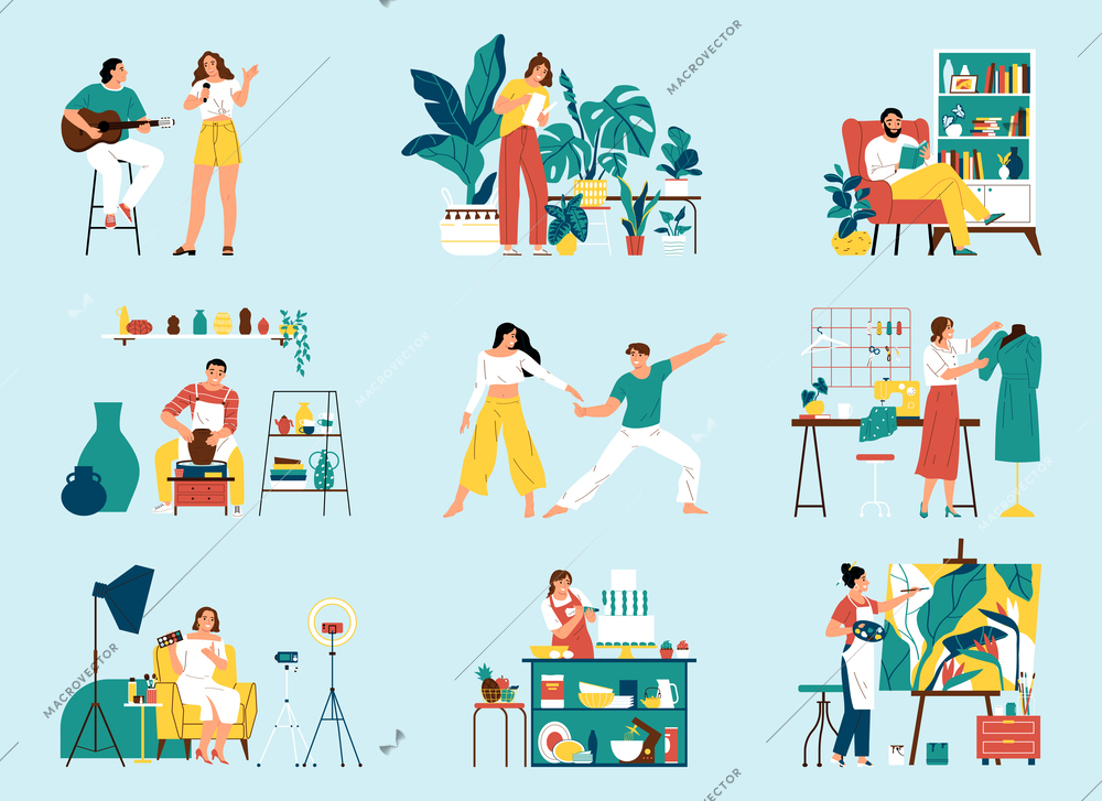 Hobby flat icons set with people during creative occupation isolated vector illustration