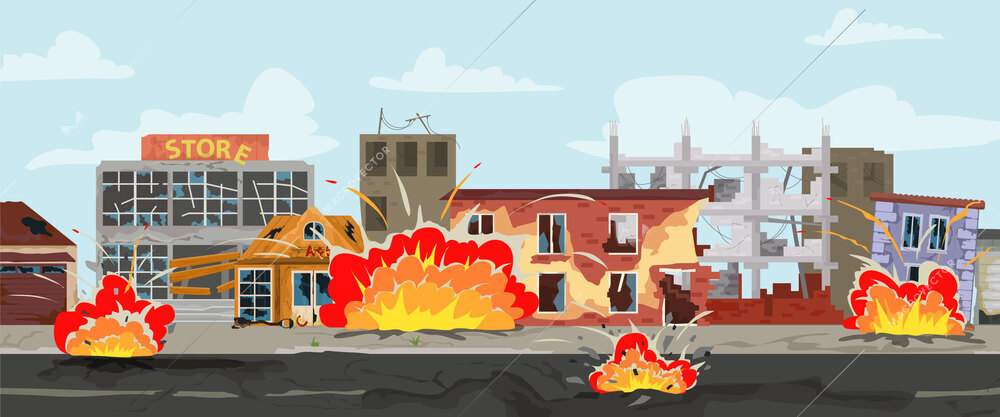 City after bombing horizontal composition with broken city houses and flame flat vector illustration