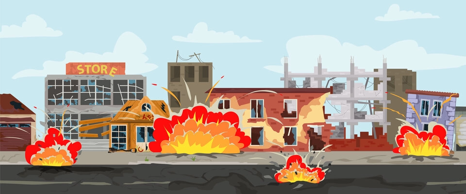 City after bombing horizontal composition with broken city houses and flame flat vector illustration