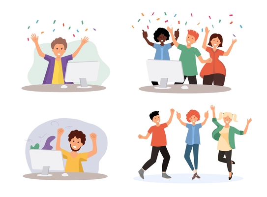 People in good mood celebrating event together or communicating online isolated compositions flat vector illustration