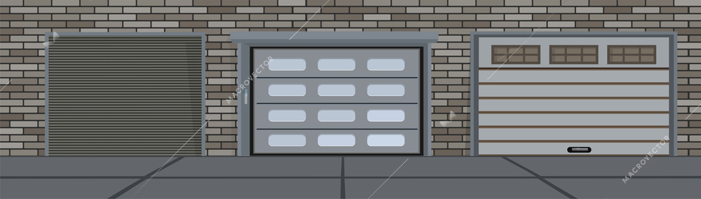 Brick wall with different construction of garage doors sectional with roller shutters mechanical and automatic realistic composition vector illustration
