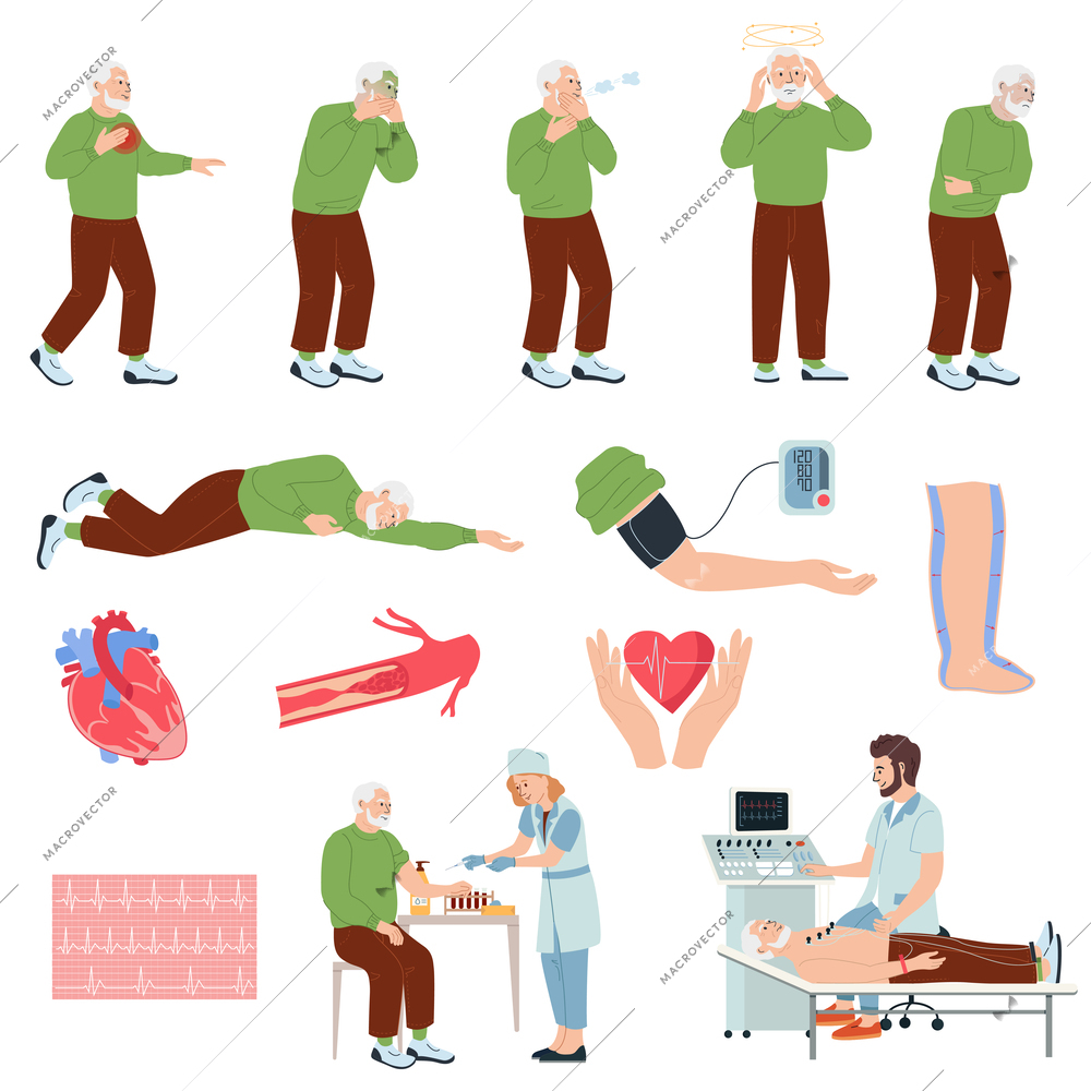 Heart attack symptoms flat set of isolated icons with internal organ images patient and doctor characters vector illustration