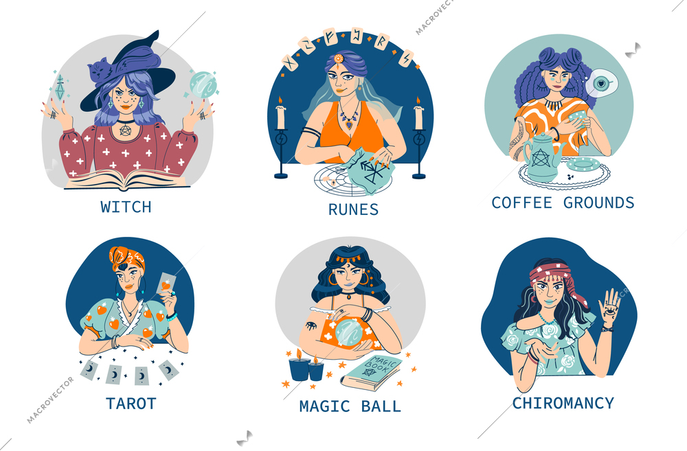 Beauty fortune tellers with runes coffee grounds tarot magic ball  isolated compositions flat vector illustration