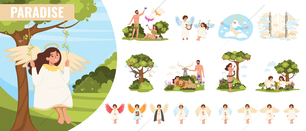 Paradise bible flat composition with summer scenery angel character and isolated icons of holy tale scenes vector illustration