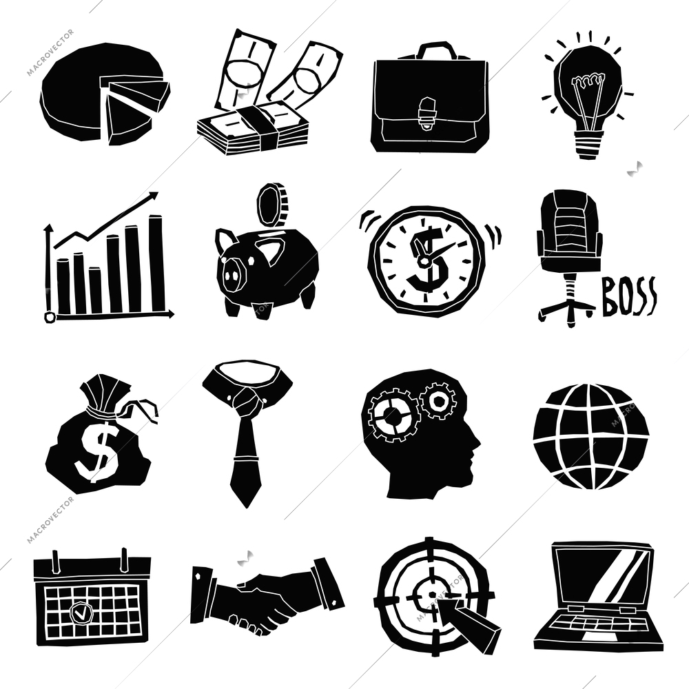 Business icons black and white set with piggy bank graphs notebook isolated vector illustration