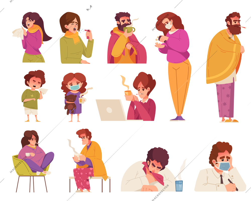 Flu cartoon icons set with people having virus temperature isolated vector illustration