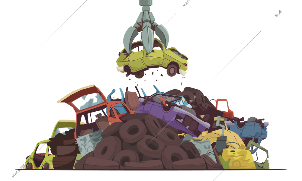 Car dump cartoon concept with auto crushing equipment vector illustration