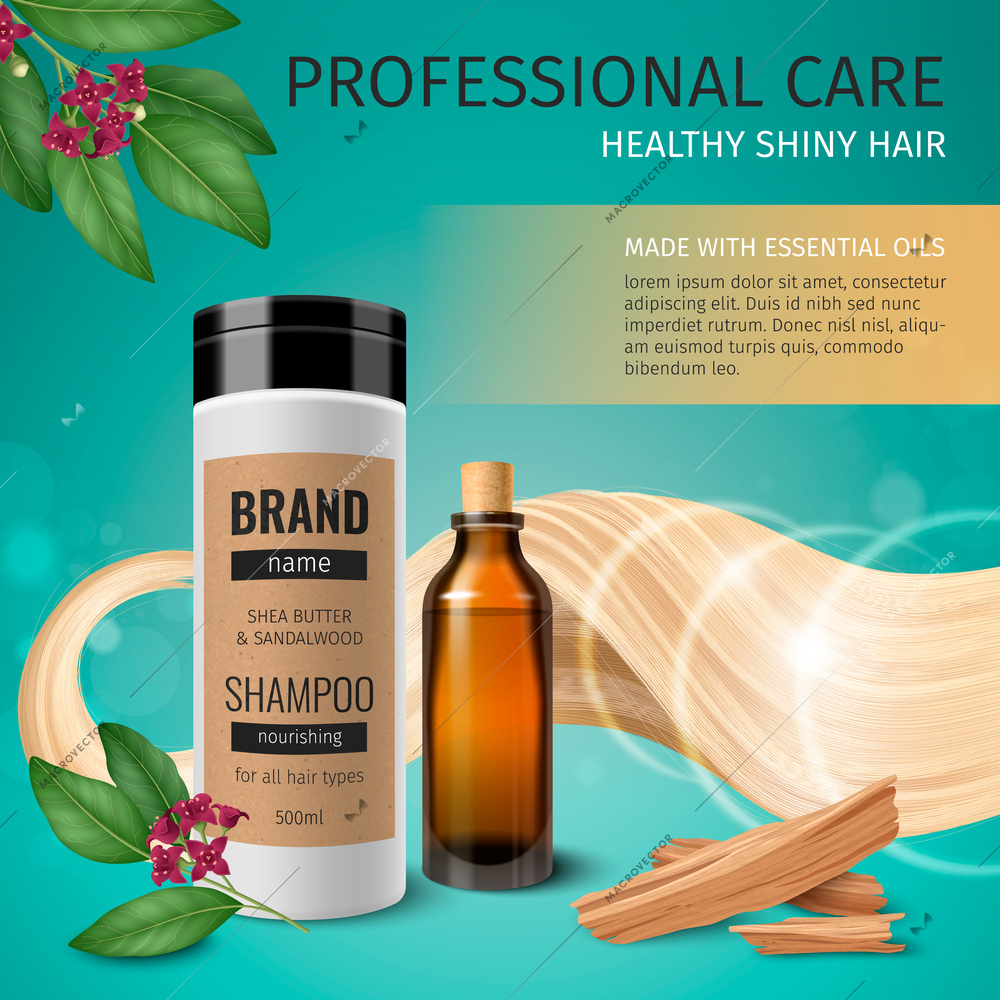 Hair curls realistic poster with shampoo bottle vector illustration