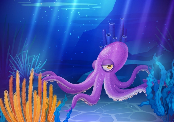 Underwater world poster with colorful coral reefs and cartoon octopus vector illustration