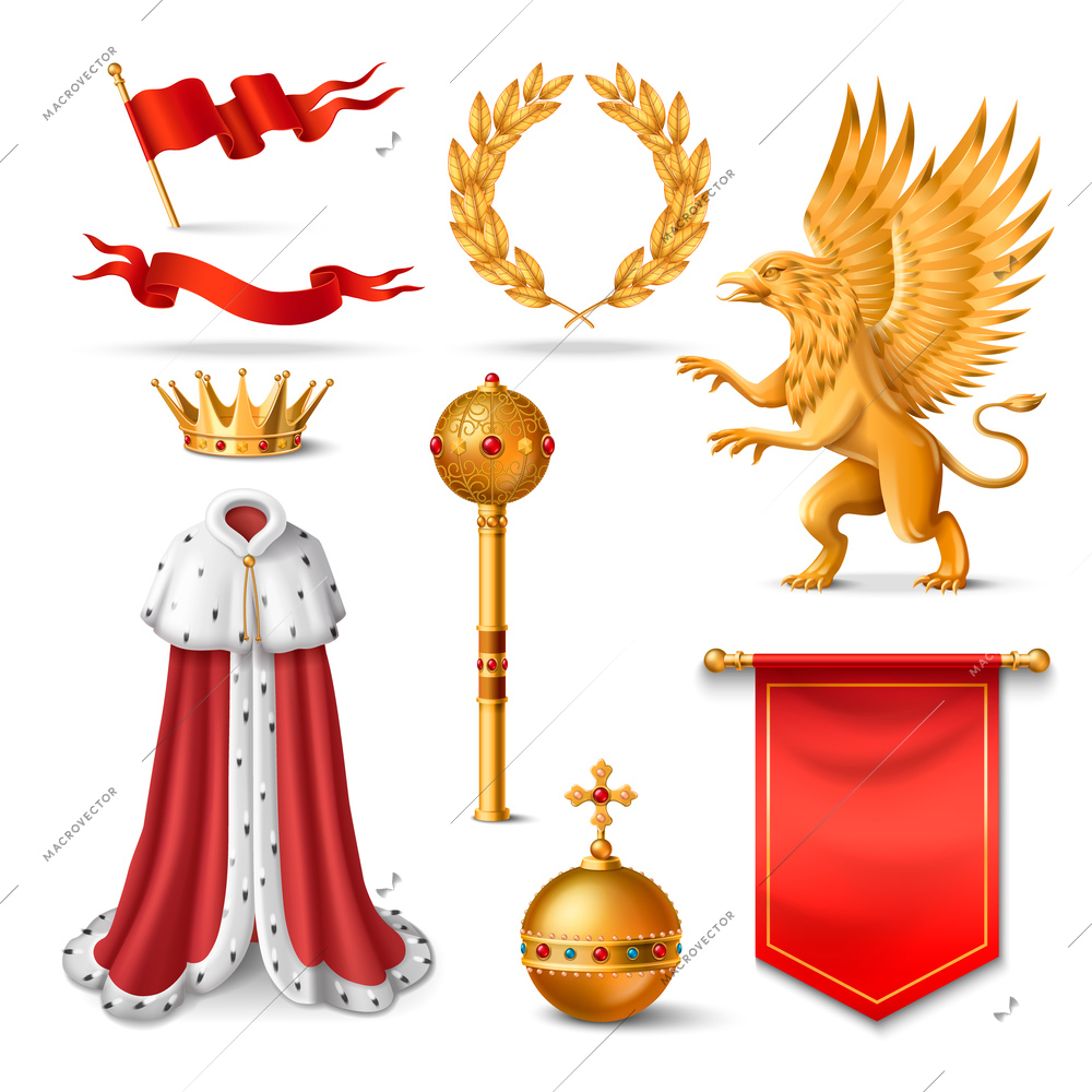 Royal symbols realistic icons set with kings crown and laurel wreath isolated vector illustration